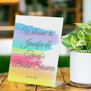 Elegant Rainbow Personalized Lesbian Bridal Shower Pedestal Sign