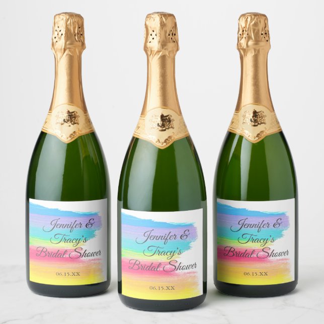 Elegant Rainbow Personalized Lesbian Bridal Shower Sparkling Wine Label (Bottles)