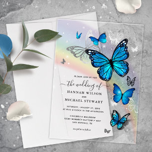 Elegant Rainbow Silver and Blue Butterfly Wedding Acrylic Invitations