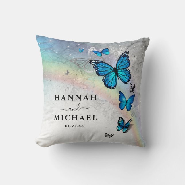 Elegant Rainbow Silver and Blue Butterfly Wedding Throw Pillow (Front)