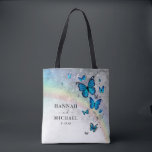 Elegant Rainbow Silver and Blue Butterfly Wedding Tote Bag<br><div class="desc">Design your own elegant personalized template butterfly tote bags with an easy-to-use DIY template. Customize the front with your names, a date, and optionally add additional custom text to the back in an elegant calligraphy script. Prefer a different typography? You can edit the modern fonts to a typography that best...</div>