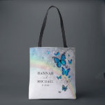 Elegant Rainbow Silver and Blue Butterfly Wedding Tote Bag<br><div class="desc">Design your own elegant personalized template butterfly tote bags with an easy-to-use DIY template. Customize the front with your names, a date, and optionally add additional custom text to the back in an elegant calligraphy script. Prefer a different typography? You can edit the modern fonts to a typography that best...</div>