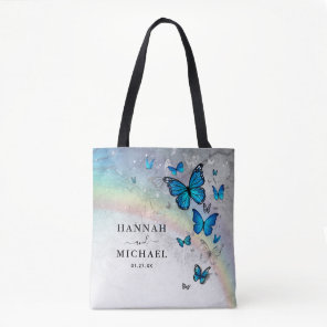 Elegant Rainbow Silver and Blue Butterfly Wedding Tote Bag