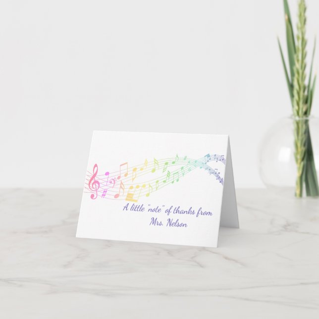 Elegant Rainbow Staff Music Teacher Thank You Card (Front)