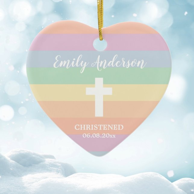 Elegant Rainbow Stripes Christening Baptism Ceramic Ornament (Creator Uploaded)