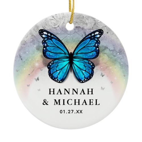 Elegant Rainbow Template Blue Butterfly Wedding Ceramic Ornament
