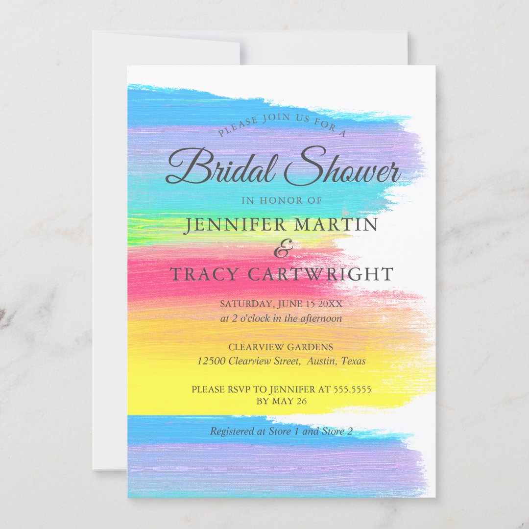Elegant Rainbow Two Brides Lesbian Bridal Shower Invitation | Zazzle