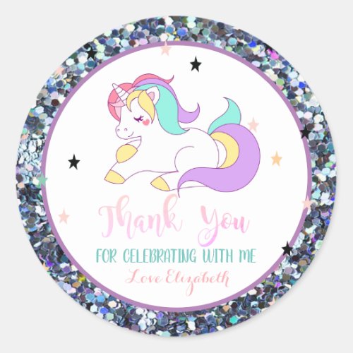 Elegant Rainbow  Unicorn Stars Glitter Classic Round Sticker