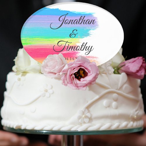 Elegant Rainbow Watercolor Custom LGBTQ Wedding Cake Topper