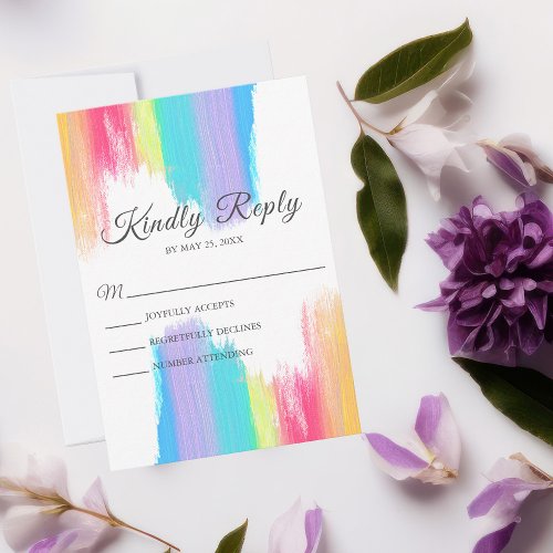 Elegant Rainbow Watercolor LGBT Wedding Vertical RSVP Card