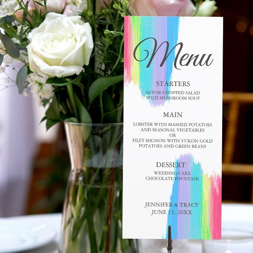 Elegant Rainbow Watercolor LGBTQ Wedding Dinner Menu