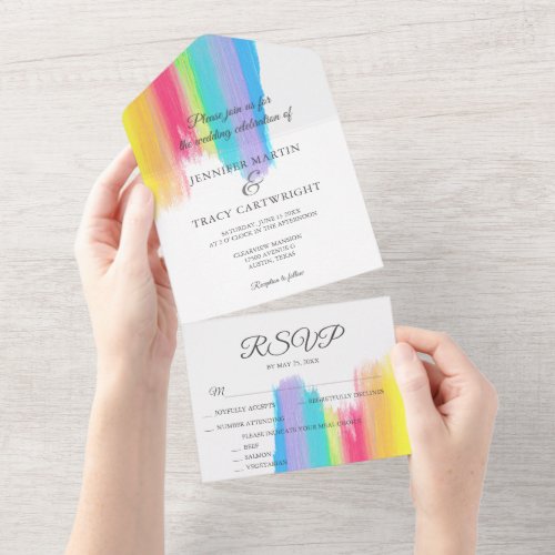 Elegant Rainbow Watercolor LGBTQ Wedding  RSVP All In One Invitation