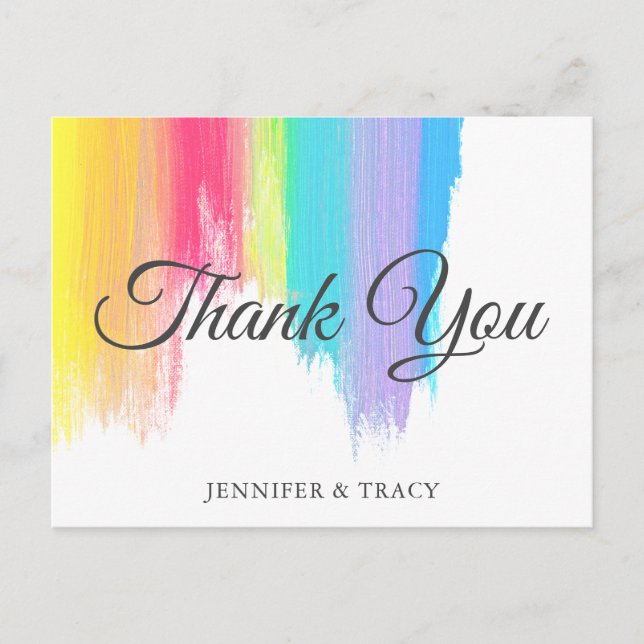 Elegant Rainbow Watercolor LGBTQ Wedding Thank You Postcard (Front)