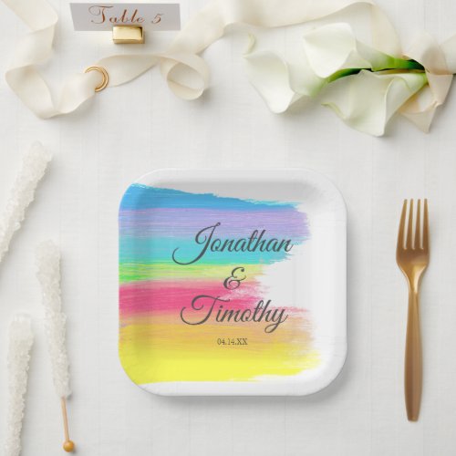 Elegant Rainbow Watercolor Modern LGBTQ Wedding Paper Plates