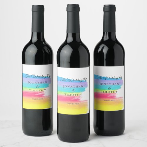 Elegant Rainbow Watercolor Modern LGBTQ Wedding Wine Label