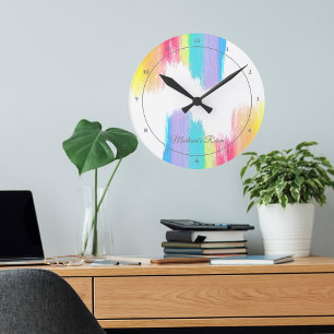 Elegant Rainbow Watercolor Personalized Girls Room Round Clock