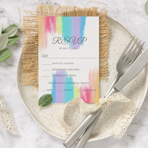 Elegant Rainbow Watercolor Wedding Meal Choice RSVP Card