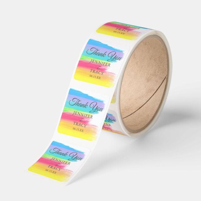 Elegant Rainbow Wedding Personalized Thank You Square Sticker (Roll)