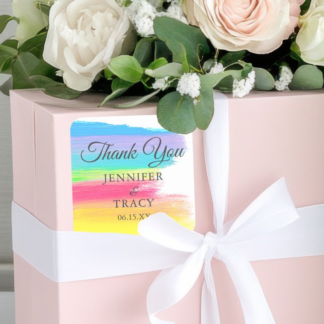 Elegant Rainbow Wedding Personalized Thank You Square Sticker (Creator Uploaded)