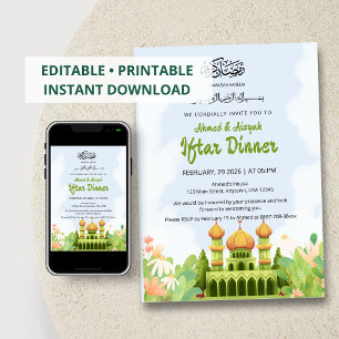 Elegant Ramadan Iftar Invitation with Green Mosque