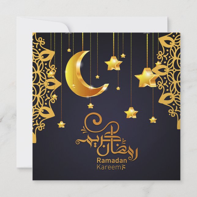 Elegant Ramadan Mubarak Black Gold Crescent Stars  Holiday Card (Front)