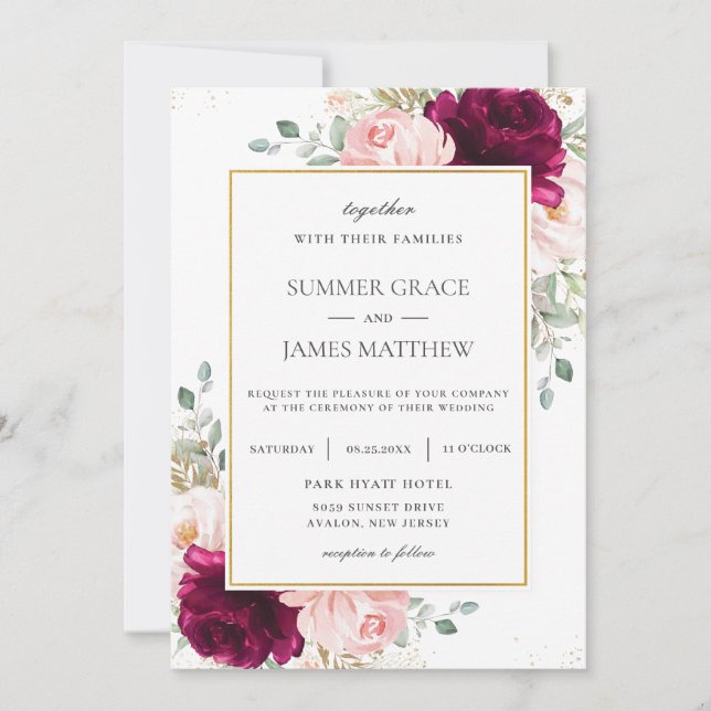 Elegant Raspberry Blush Pink Rose Floral Wedding   Invitation (Front)