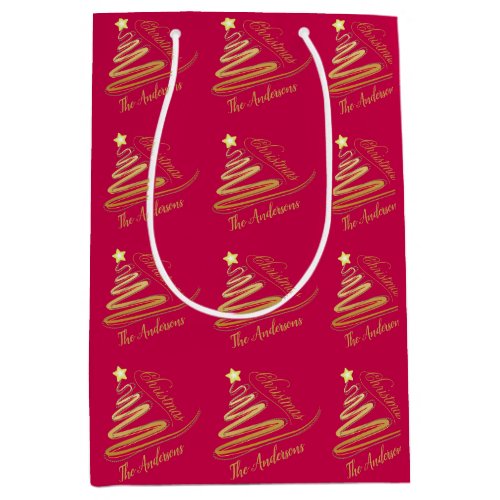 Elegant Raspberry Red Gold Foil Christmas Tree Medium Gift Bag