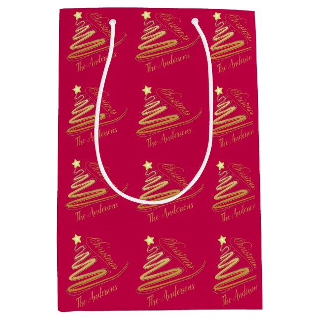 Elegant Raspberry Red Gold Foil Christmas Tree Medium Gift Bag (Front)