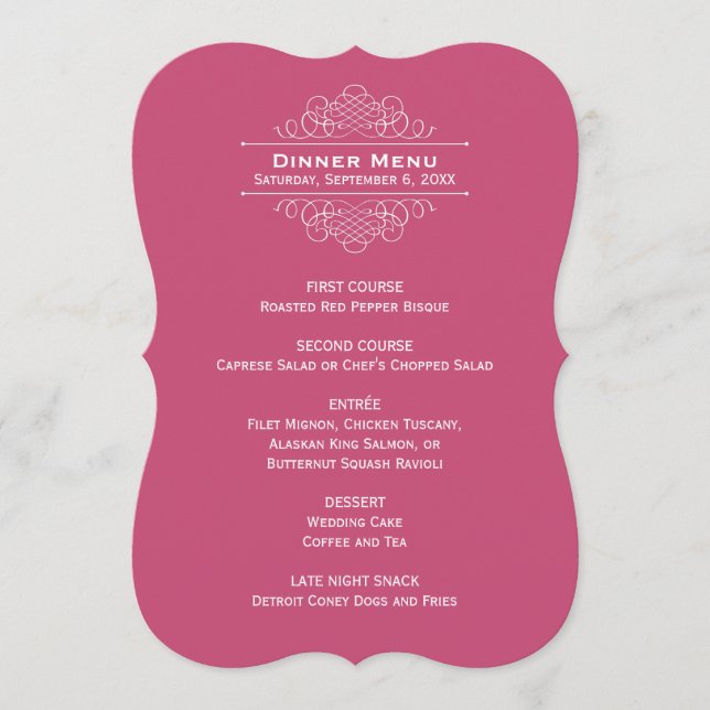 Elegant Raspberry Red Wedding Monogram Dinner Menu (Front)