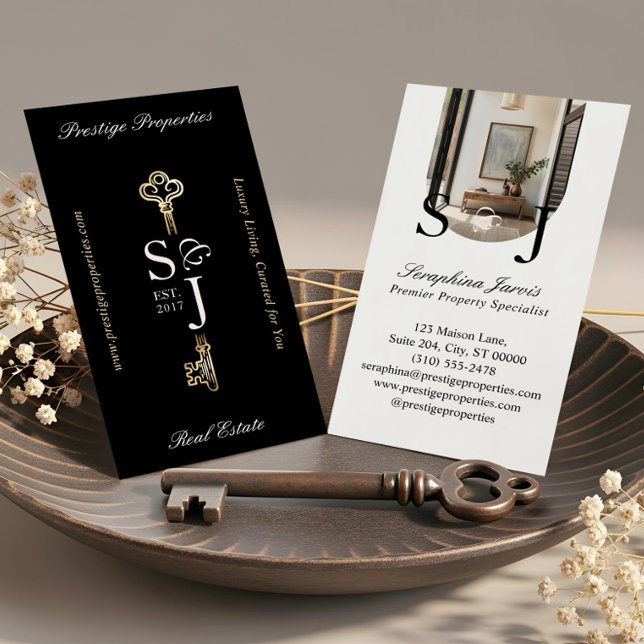Elegant Real Estate Black Gold Key Monogram Photo Business Card (Minimal Elegant Key Monogram Stylish Arch Photo Business Card)