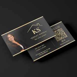 Elegant Real Estate Broker Branding Black Gold QR Foil Business Cards