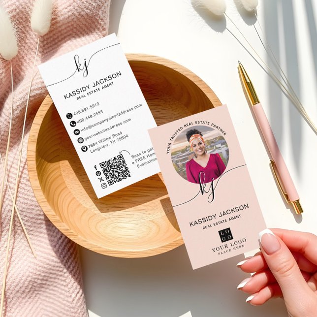 Elegant Real Estate Broker Script Monogram Photo Business Card (Script Monogram Circle Business Photo Logo QR Code Business Card)