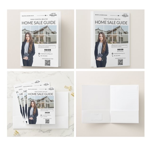 Elegant Real Estate Realtor Photo Business Logo  Pocket Folder (business logo presentation folders black and white corporate logo branding minimalist professional)