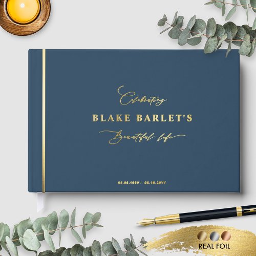 Elegant Real Foil Blue Funeral Life Celebration Foil Guest Book