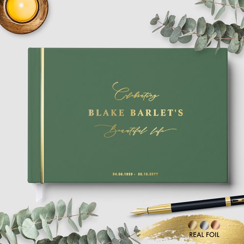 Elegant Real Foil Green Funeral Life Celebration Foil Guest Book