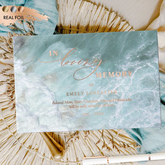 Elegant Real Foil In Loving Memory Aqua Funeral Foil Guest Book (Creator Uploaded)