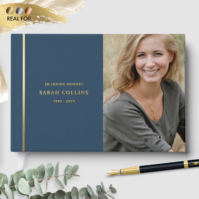 Elegant Real Foil, In Loving Memory Blue Funeral Foil Guest Book (Creator Uploaded)