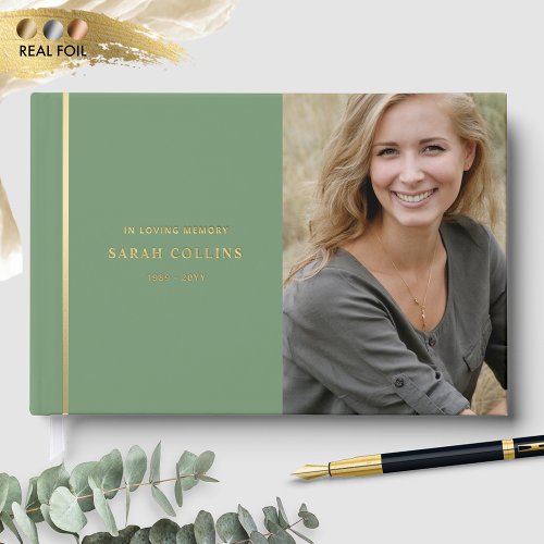 Elegant Real Foil In Loving Memory Green Funeral Foil Guest Book