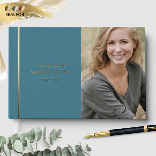 Elegant Real Foil, In Loving Memory Teal Funeral Foil Guest Book