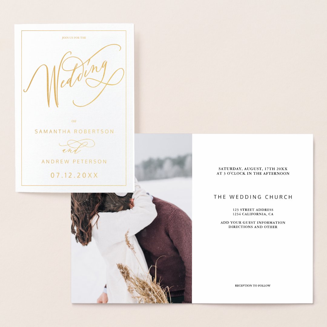 Elegant real foil minimalist calligraphy wedding foil card | Zazzle