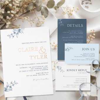 Elegant Real Foil Modern Blue Typography Wedding Foil Invitation | Zazzle