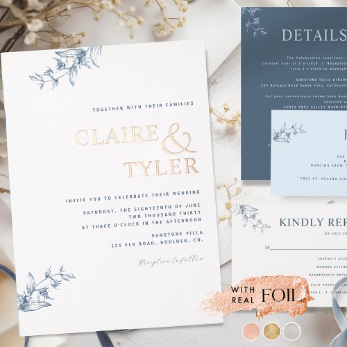 Elegant Real Foil Modern Blue Typography Wedding Foil Invitation