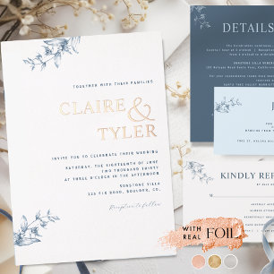 Elegant Real Foil Modern Blue Typography Wedding Invitation