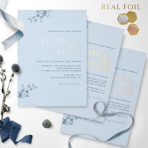 Elegant Real Foil Modern Typography Blue Wedding Foil Invitation