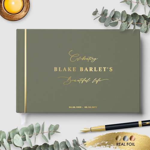 Elegant Real Foil Olive Funeral Life Celebration Foil Guest Book