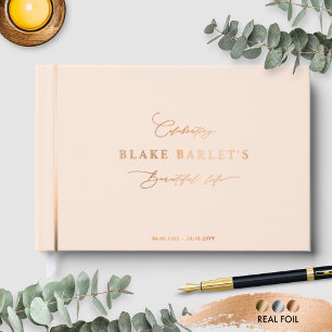 Elegant Real Foil, Peach Funeral/ Life Celebration Foil Guest Book