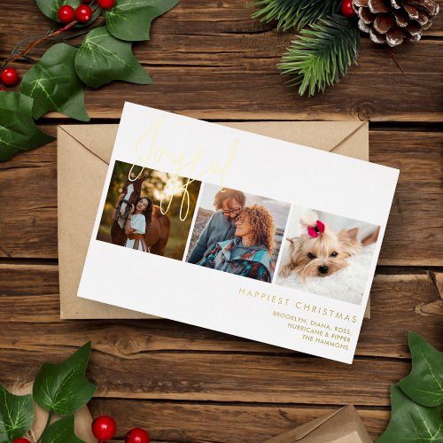 Elegant Real Gold Effect Joyful 3 Photos Christmas Foil Holiday Card