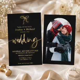 Elegant Real Gold Foil Coquette Bow Photo Wedding Invitation