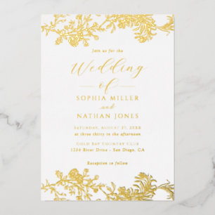 Elegant Real Gold Foil Floral Lace Script Wedding Foil Invitation
