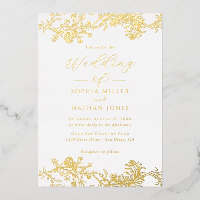 Elegant Real Gold Foil Floral Lace Script Wedding  Invitation (Front)